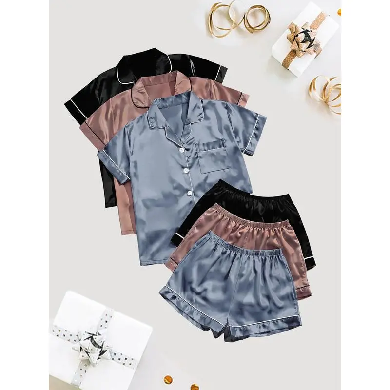 Vista X Women's Solid Satin Pyjama Set, Short Sleeve Button Front Lapel Shirt & Contrast Binding Shorts PJ Set, Summer Sleepwear Set Vista X Women's Solid Satin Pyjama Set, Short Sleeve Button Front Lapel Shirt & Contrast Binding Shorts PJ Set, Summer Sleepwear Set