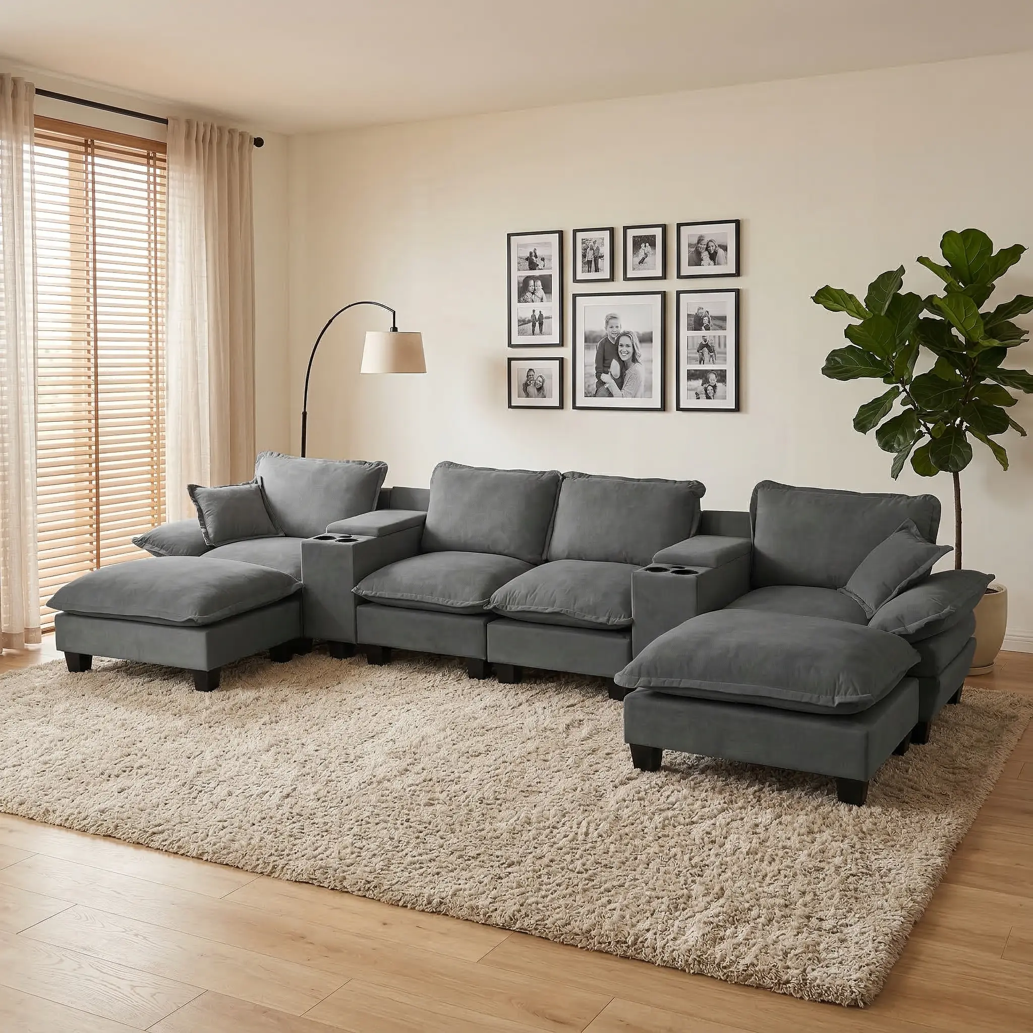U-Shape Sailboat Modular Sectional Sofa, Cloud Couch with 2 Storage Arms (Consoles), Cup Holders & USB, 2 Ottomans, 2 Throw Pillows – Soft Chenille Fabric, Perfect for Apartment, Living Room, Home Theater, Family Room