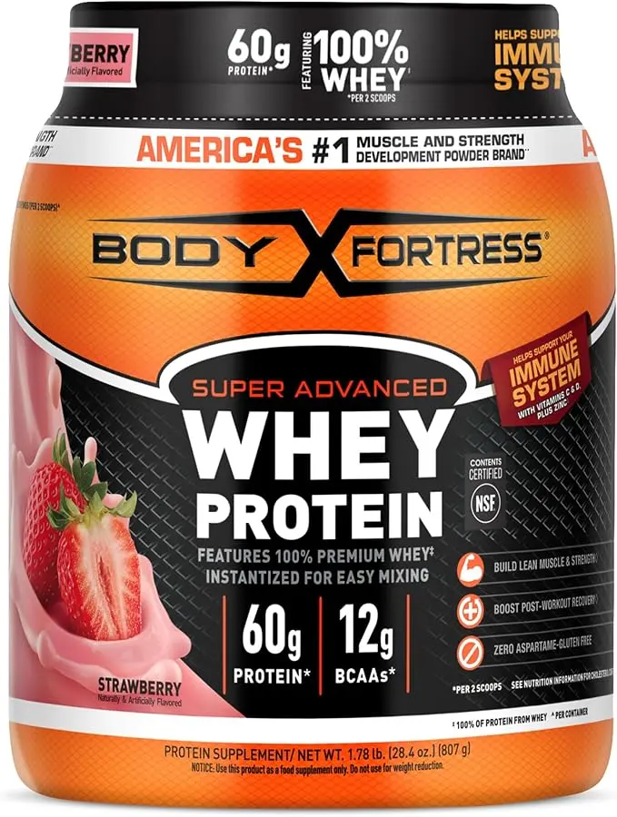 Body Fortress Super Advanced Whey Protein Powder, Strawberry, Immune Support (1), Vitamins C & D Plus Zinc, 1.78 lbs
