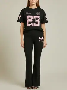 Two-piece Women's Suit Featuring Number 23 Bow Print Drop Shoulder T-shirt and Flared Pants. This Stylish Two-piece Set Is Perfect for Everyday Wear and Is Trendy for All Seasons, Womenswear