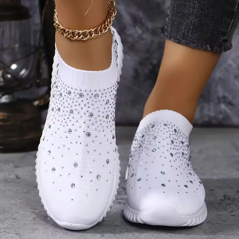 Women’s Rhinestone Slip On Sneakers - Sparkly Breathable Walking Shoes, Lightweight Mesh Casual Fashion Shoes with Non Slip Sole, Comfortable Bling Tennis Shoes for Everyday Wear