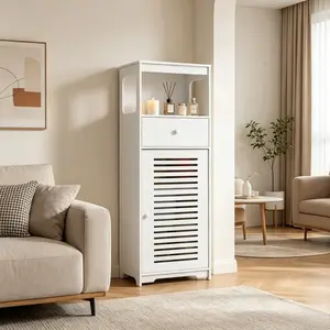 Bathroom Narrow Storage Cabinet, Solves Small Space & Clutter Issues, Ideal for Toilet Side, Sink & Bathroom, Waterproof Moisture-resistant Board with Ventilated Door & Drawer, Floor-standing Multi-tier Organizer
