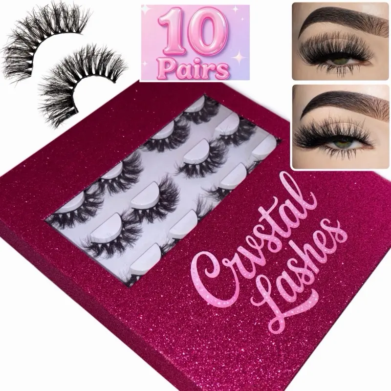 10 Pairs Lashes 10mm-25mm Glitter Lash Book Versatile Fluffy Full Volume Faux Mink High Quality Lightweight Strip Eyelashes Reusable Makeup Cosmetic
