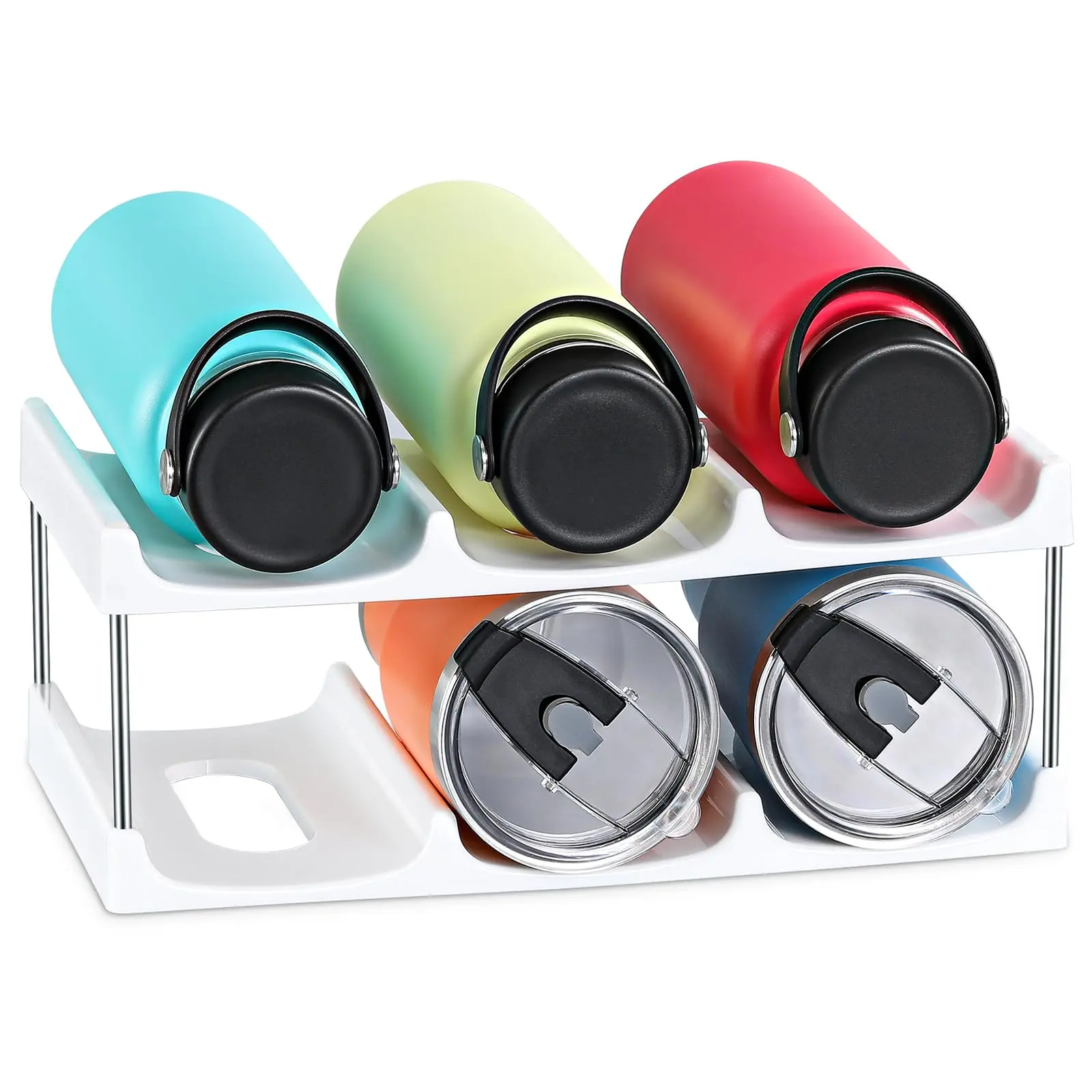 Stackable Water Bottle Organizer Holder, 2-Tier Bottle Storage Rack Holds Up to 6 Large Tumblers, White Plastic Organizer for Countertop, Fridge, Pantry & Cabinet low upkeep