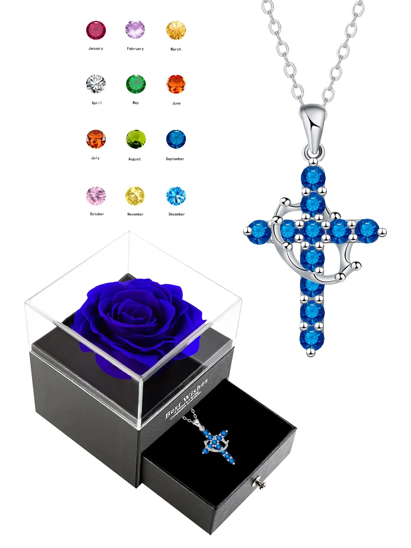 Women's Cz Birthstone Crown Cross Necklace Set, Multicolor Fashion Pendant Jewelry Gift Box, Christian Faith Gifts for Wife Mom Girlfriend, Cross Chain Design, Elegant Necklace, Exquisite Jewelry Gift