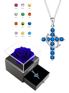Women's Cz Birthstone Crown Cross Necklace Set, Multicolor Fashion Pendant Jewelry Gift Box, Christian Faith Gifts for Wife Mom Girlfriend, Cross Chain Design, Exquisite Jewelry Gift