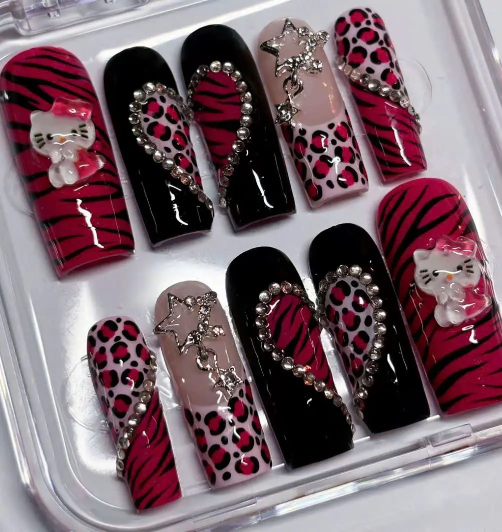 Red Kitty Square Soft Gel Press-On Nails, Reusable Handmade Art Set for Beauty & Personal Care Needs