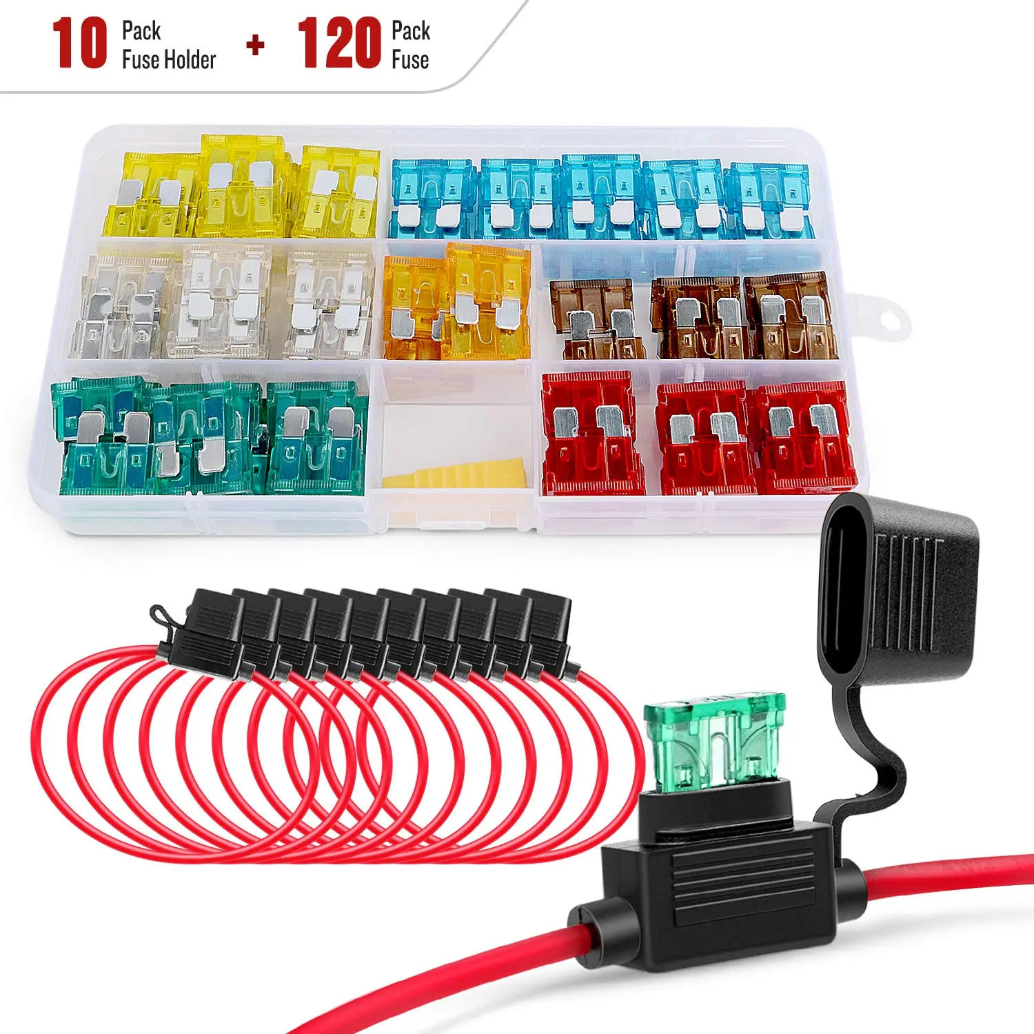 Nilight 120 Pcs Standard Blade Fuse 5A/7.5A/10A/15A/20A/25A/30A AMP Assorted Set with 10 Pack 14AWG ATC/ATO Inline Fuse Holder, 2 Years Warranty, 1 Count (Pack of 10)