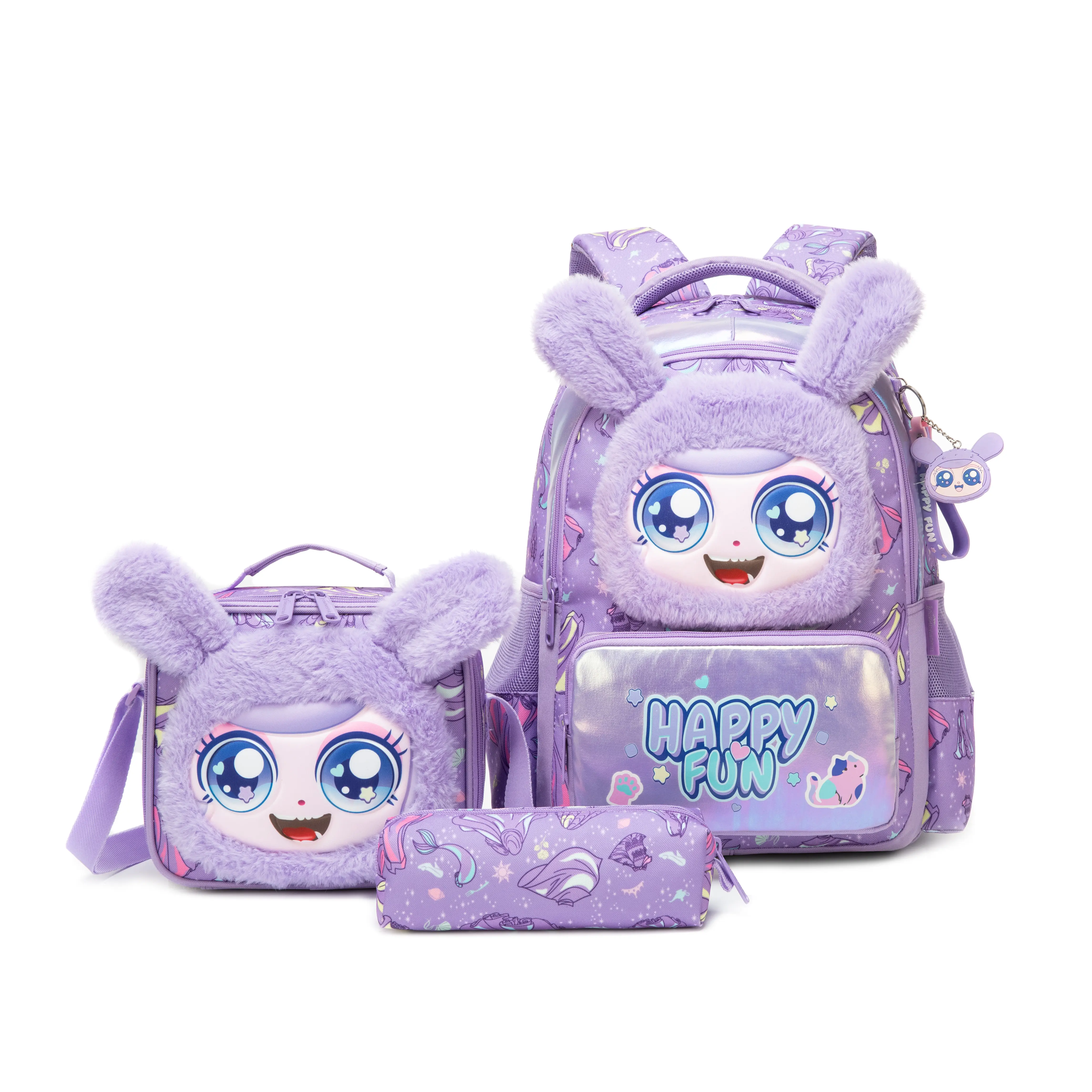 Girls' 3D Plush Bunny-Ear 3-Piece Backpack Set, Purple Cartoon Print Elementary School Bag with Matching Insulated Lunch Bag, Pencil Case & Ergonomic Padded Straps