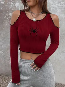 Women's Spider Embroidery Lettuce Trim Cold Shoulder Crop Tee, Y2K Trendy Long Sleeve Cut Out T-shirt for Daily Wear, Ladies Clothes for All Seasons