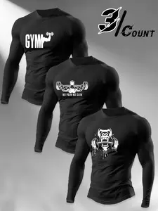 Men's 3-piece round neck long sleeved tight fitting shirt, Barbell&"NO PAI NO GAIN" pattern screen printed clothing, fashionable hardcore fitness style for running and city outings, durable print suitable for gyms and active lifestyles, Gym Tops