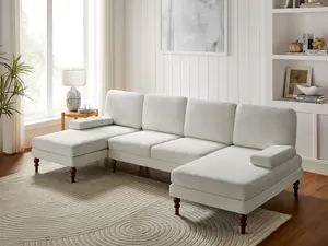 105" Sectional U Shape Sofa Couch with Double Chaise, Modern Living Room Couch with Deep Seat, Comfy Sleeper Sofa with Wood Legs, White Home Design