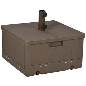 Outsunny 3-in-1 Outdoor Umbrella Base, Coffee End Table, Planter Box with Drain Hole, 175 lbs. Capacity Heavy Duty Fillable Patio Umbrella Stand Table with Wheels and Handles for Deck, Poolside, Brown