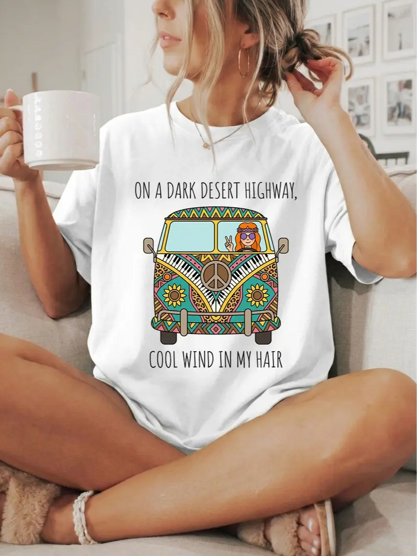 Womens Retro Fashion T-Shirt On A Dark Desert Highway Cool Wind In My Hair Graphic Cotton Womens Vintage T Shirts Hippie Boho Apparel Novelty Peace Bus Short Sleeve Crewneck Classic Road Trip Gift For Women