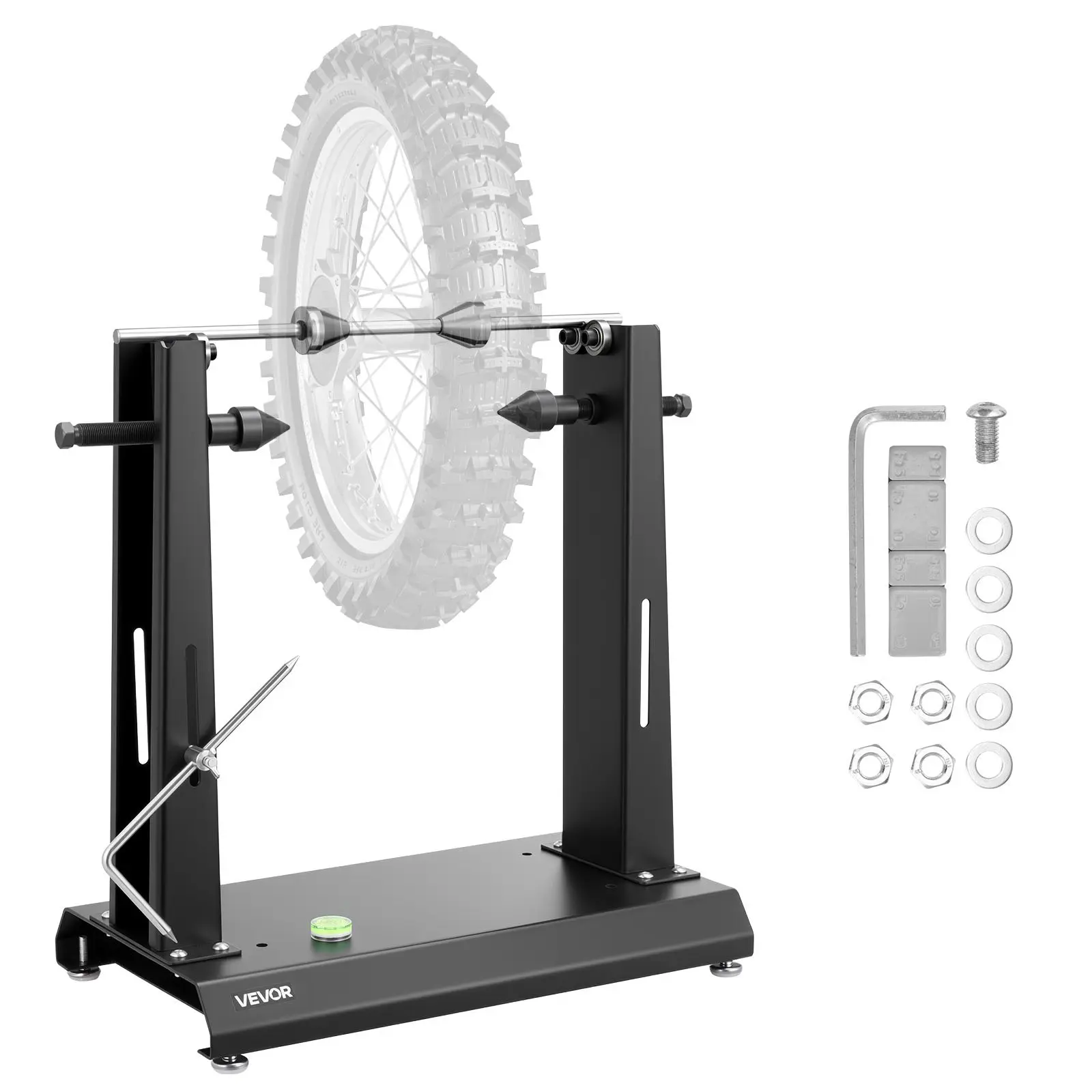 VEVOR Carbon Steel Motorcycle Wheel Balancer, 88.2 lbs Capacity, 35-in Wheel Dia, Tire Balancer Truing Stand with Flexible Solid Base, Adjustable Centering Cones, Adjustable ft, Truing Pointer, 5 g/10 g Weights for Motorcycles, 35-Inch Wheel Dia, Adjustab