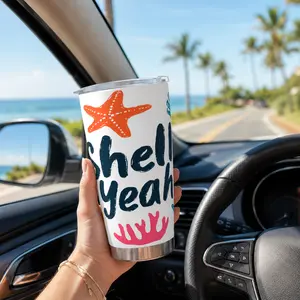 20oz Car Mug with Single Silver Rimmed Edge - with Stainless Steel Straw ——shell yeah(Customizable design available)