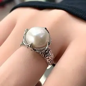 Japanese & Korean Style Retro Big Faux Pearl Simple Couple Ring, Best Gifts For Mother's Day And Father's Day