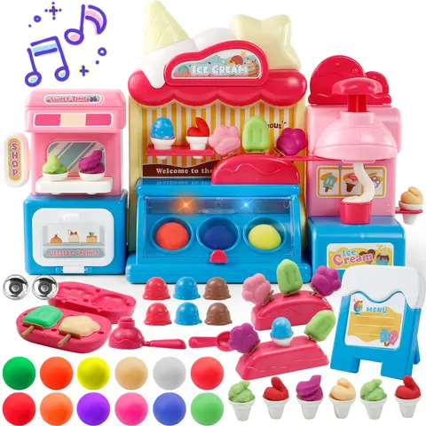 Kids Clay Ice Cream Maker Toy Pretend Play Dough Set with Lights Music 12 Vibrant Colors Soft Air Dry Clay & Sculpting Tools Creative Play Set Toddler Playset Cooking Playset