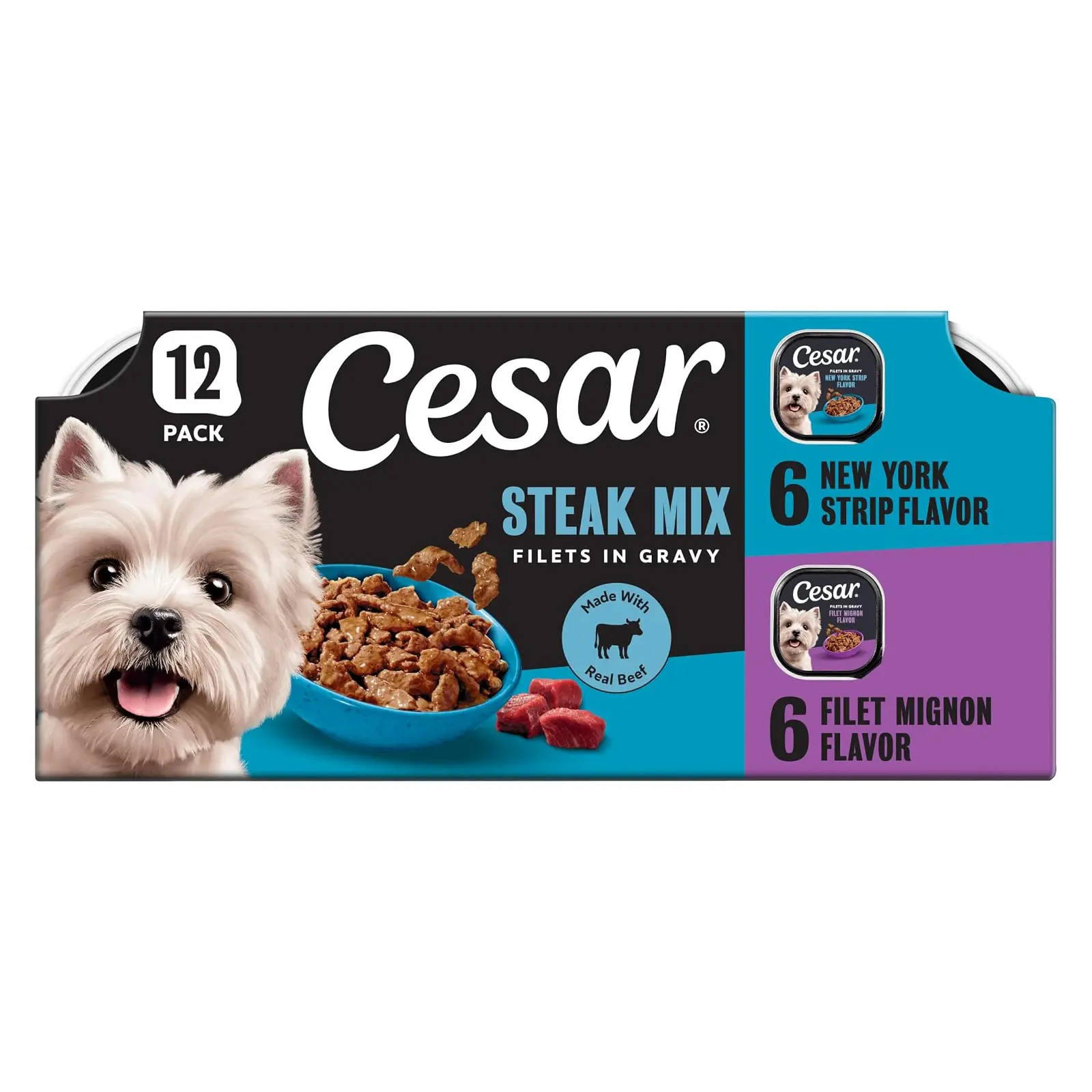 Cesar Filets in Gravy Wet Dog Food, Steak Mix Variety, 3.5 oz, 12 Count Filet Mignon & New York Strip, real beef, slow-cooked, no fillers/added sugar/artificial flavors, easy peel trays