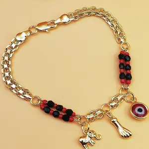14K Gold Plated Devil's Eye Little Elephant Bracelet Bohemian Style with Red Black Beads Silver Chain for Any Occasion