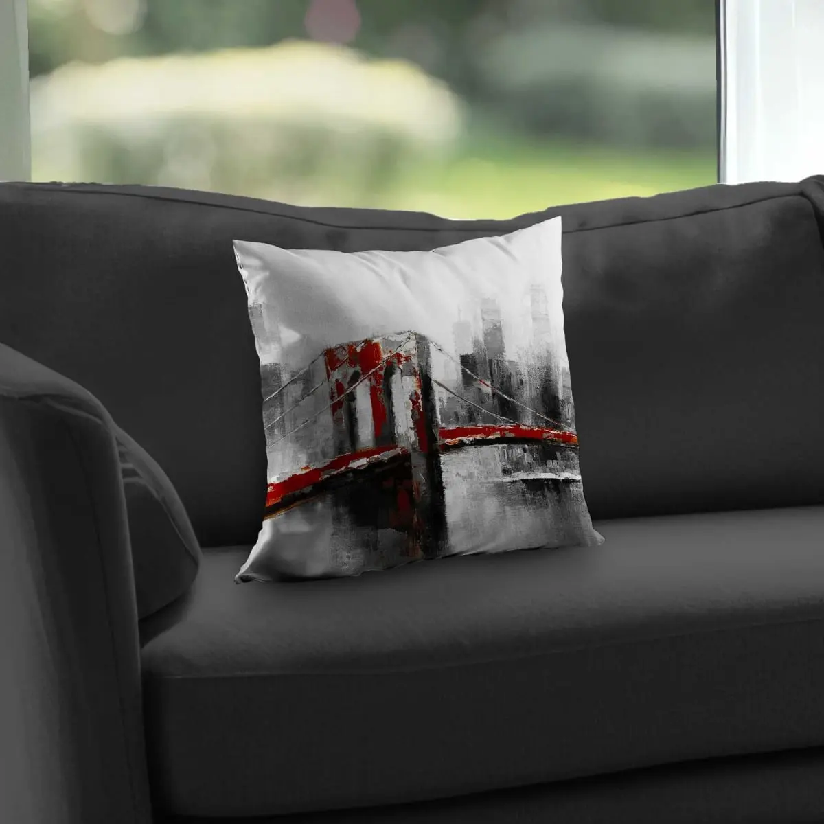 Begin Home Decor C1PC1414MBBU6L 14 x 14 in. Abstract & Red Brooklyn Bridge - Black Office Throw Pillow