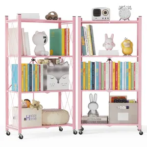 2-Pack Folding Bookshelf on Wheels,Cute Rolling Shelves for Bedroom, No Assembly Metal Book Shelf,4 Tier Colorful Storage Cart for Rooms,Office,Kitchen,Pink Organiser Racks