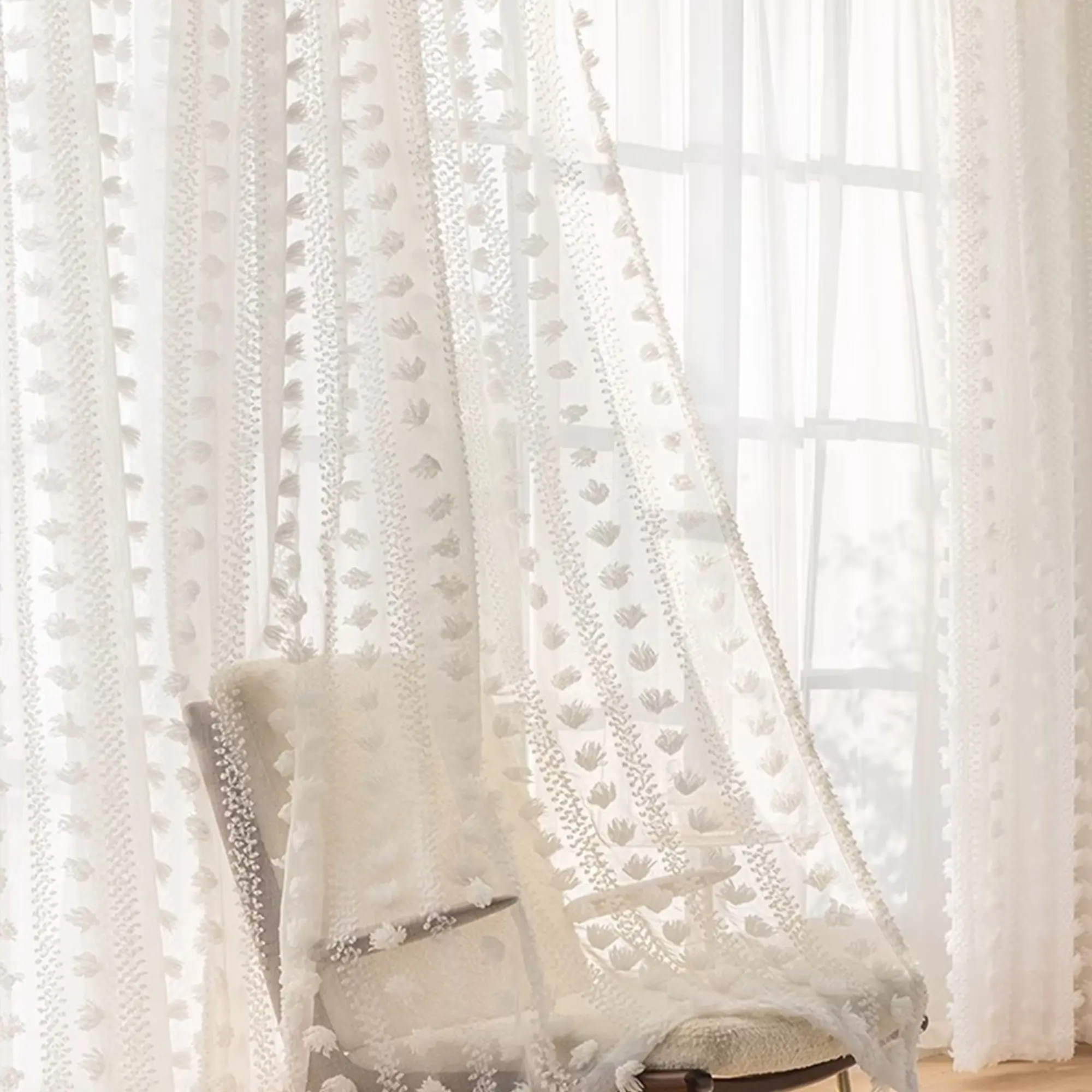 1pc French Romantic White Vertical Pom-Pom Sheer Net Curtains Window - Sheer Pom-Pom Texture + Light-Transmitting & Privacy-Protective, Grommet Top Fits Multi-Rods, Matches French Decor, Creates Elegant Soft Vibe