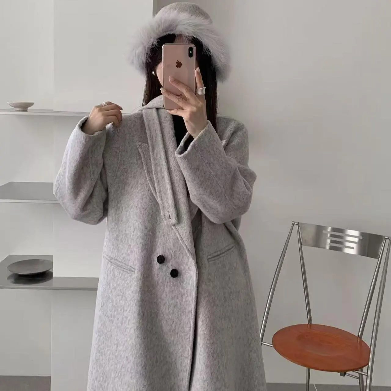 Ladies Wool Long Overcoat, Comes with a Matching Double-Faced Wool Hat Bag, Wear as a Hat or Bag Peak Lapel Belted Midi Wool Mac Warm Autumn Winter Outerwear 2 Colours