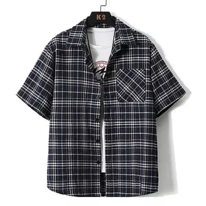 Men’s vintage red plaid short-sleeve shirt, loose casual button-front shirt with chest pocket, breathable summer everyday top