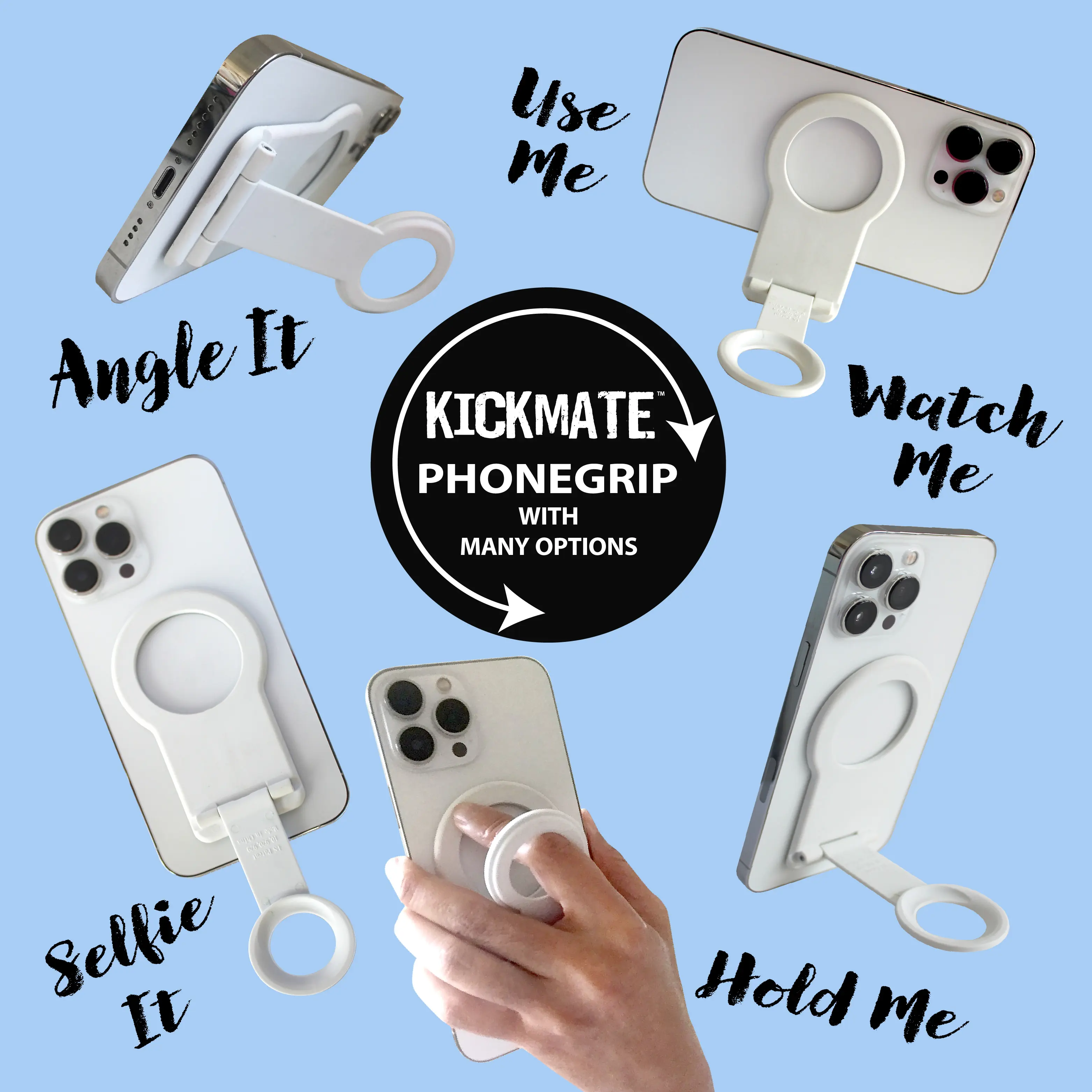 KickMate Cellphone Grip. Designed for Vertical & Horizontal Viewing, Adjustable Kickstand and Selfie Stick. MagSafe and magnetic ring included.