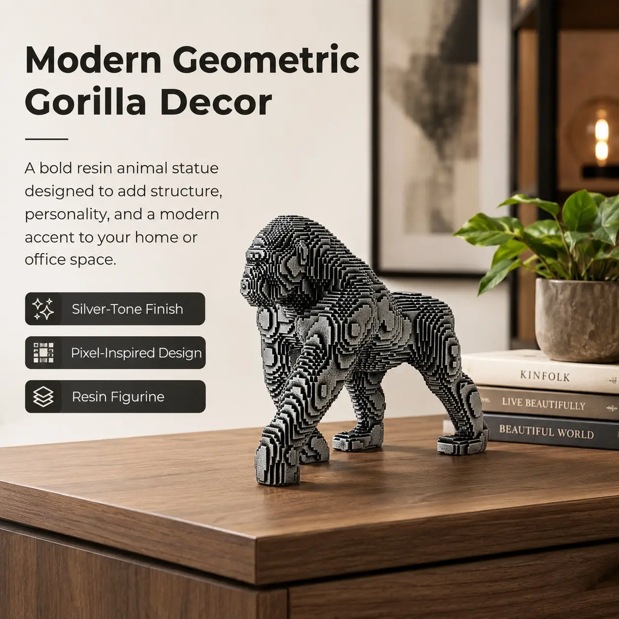 MOTIAHOOM 7 in Geometric Resin Artistic Gorilla Statue, Pixel Art Animal Figurine, Collectibles Gift in Box for Bookshelf, Office Desk Decor