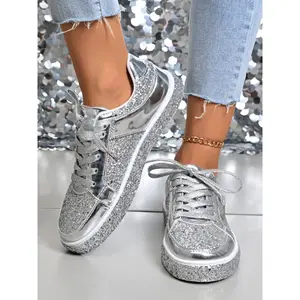 Trendy Chunky Sole Sequins Fashion Sneakers, Stylish Mirror Finish Casual Sports Shoes, Lightweight Outdoor Flat Bottoms, Couple Trendy Shoes