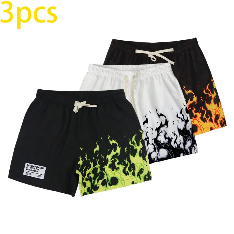 Men’s 3-Piece Flame Print Athletic Set - Casual Street Basketball Style, Tropical Menswear, Breathable Elastic Fabric Summer Stretch Quick-Dry Cargo Pants, New Spring Shorts, Slim Compression Training Shorts activewear outdoor gym
