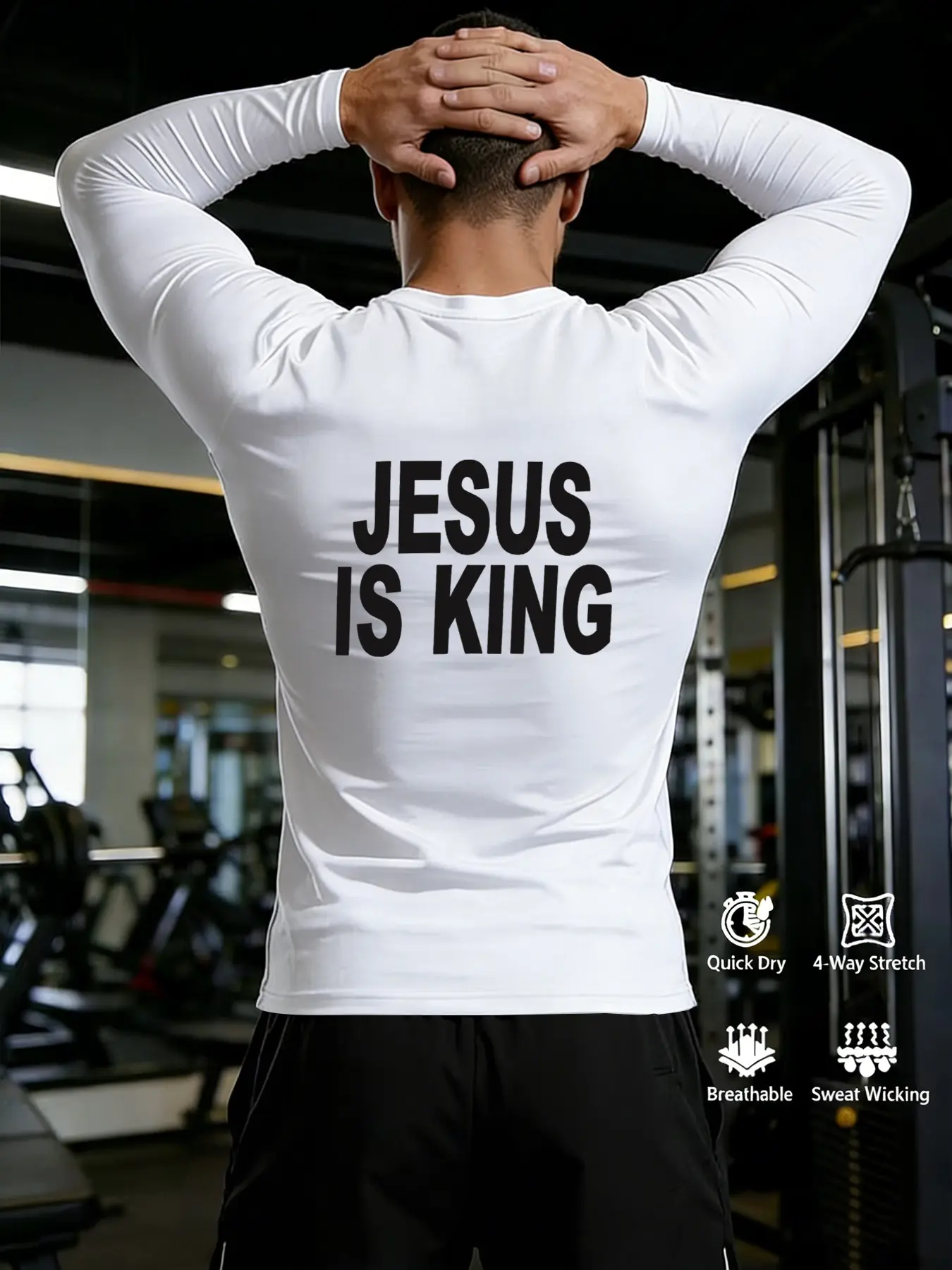 Men's Jesus Is King Faith Print Long Sleeve Fitness T-Shirt, High Stretch Fitted Quick Dry Motivational Religious Sportswear