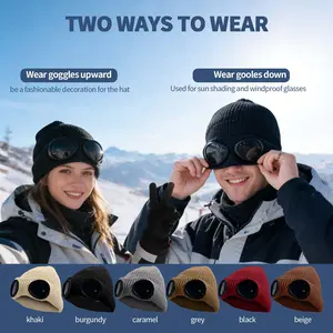 Unisex Winter Warm Knitted Hat with Integrated Fashion Glasses, Windproof Elastic Fit for Skiing Outdoor Activities, Perfect Holiday Gift, Knitting Beanie