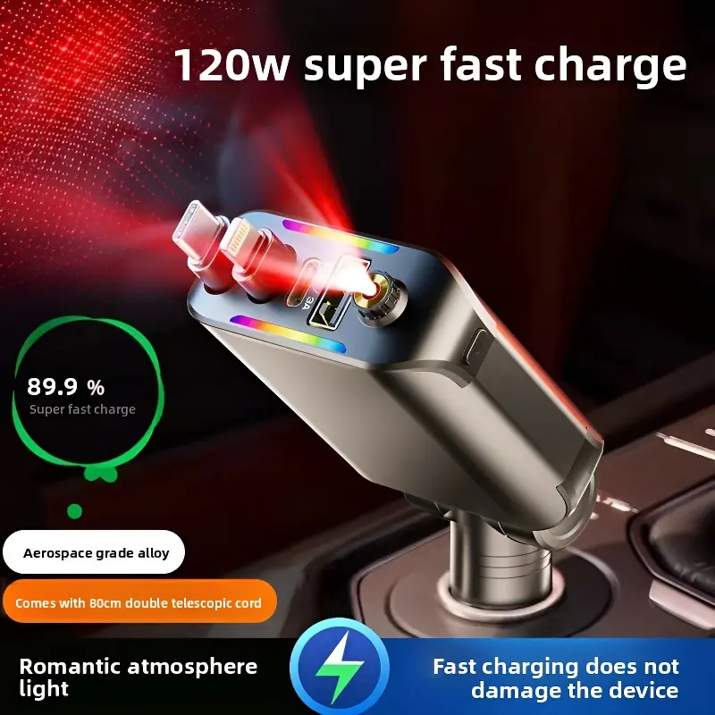 2025 New Starry Sky Top Car Phone Charger - 120W Super Fast Charging 3-Port Cigarette Adapter, Light-Up Ambient Lights, Retractable Cable Fast Charging Solution