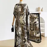 2-Piece Leopard Print Shawl Set, Elegant Fitted Cape and Headscarf, Sun Protection Silk Scarf for Beach, All-Season Fashion Accessory