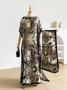 Women's Leopard Print Long Robe Set, Sun Protection Silk Scarf, Beach Cover-Up, Stylish Sundress with Headband, Summer Fashion, Beachwear Cover Up