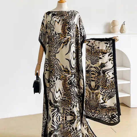 2-Piece Leopard Print Shawl Set, Elegant Fitted Cape and Headscarf, Sun Protection Silk Scarf for Beach, All-Season Fashion Accessory
