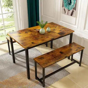 Hooseng 3-Piece Industrial Dining Table Set | Faux Wooden Kitchen Table with 2 Benches | Easy Assembly & All Tools Included | Perfect for Home & Dining Room