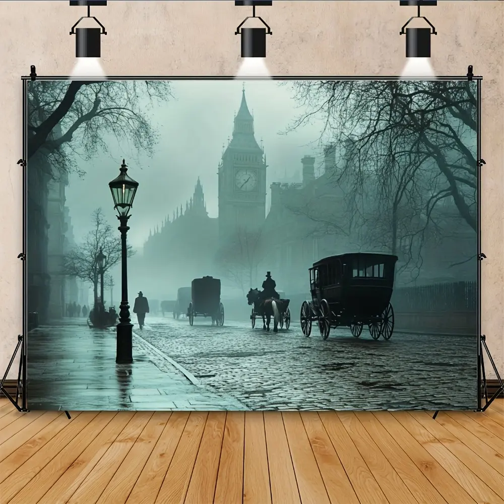 2D Flat Polyester Fiber Print Backdrop - Moody Vintage Victorian London Street Scene with Big Ben, Horse-Drawn Carriages, Foggy Cobblestone Roads, Lightweight Decoration for Retro Theme Photography, Living Rooms
