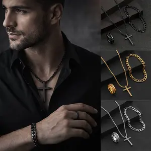 3 Piece Cross Jewelry Set for Women & Men, Stainless Steel Ring Bracelet and Necklace with Cross Pendant, Religious Fashion Accessories for Everyday Wear