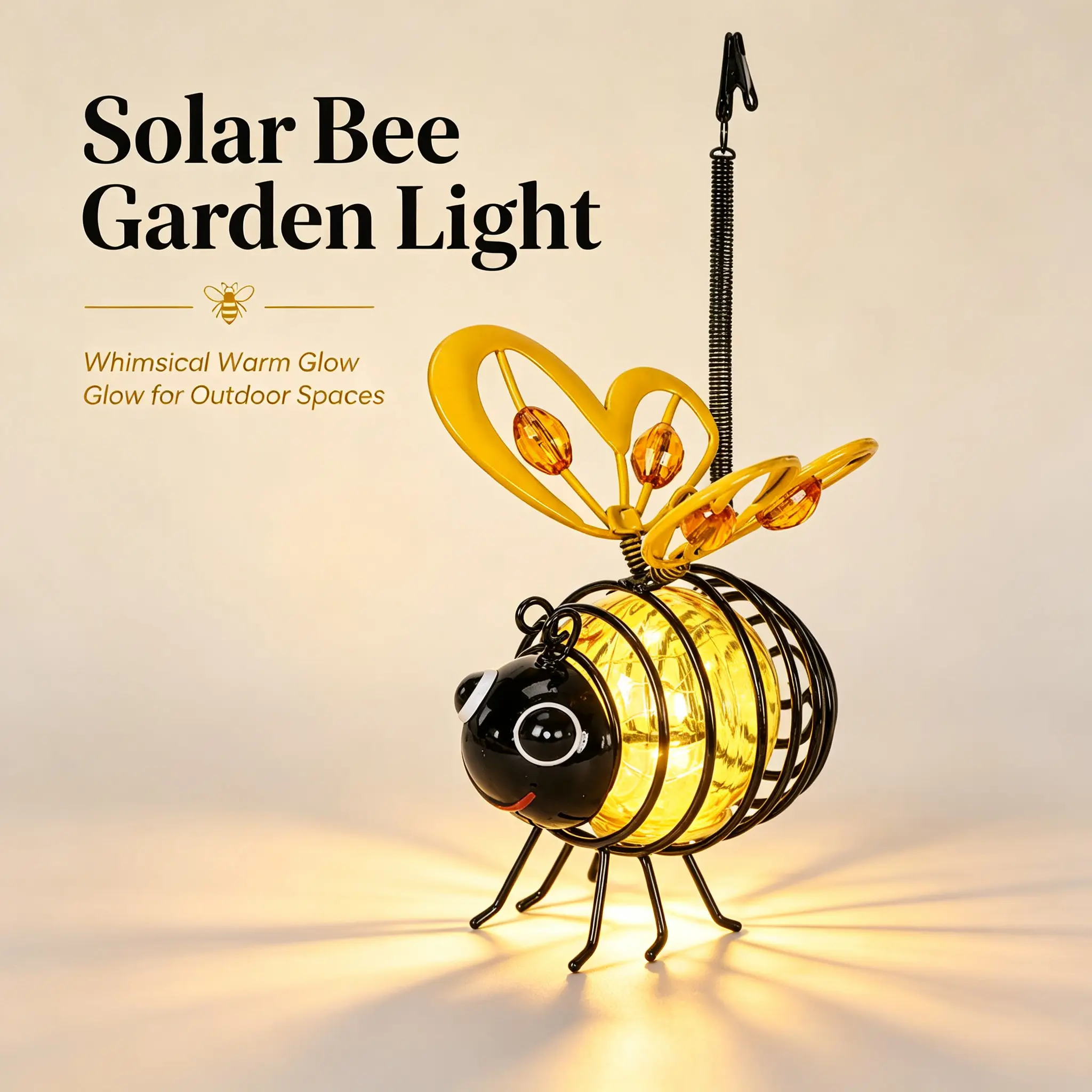 Solar Bee Garden Light - Solar Powered Hanging LED Outdoor Decor Waterproof Metal Bee Lights for Patio Yard Backyard Garden Decoration