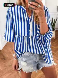 Hotapei Summer Casual Colorblock Striped Bubble Sleeve Loose Open Front Shirt, Women's Fashion Blouse, Comfortable and Stylish