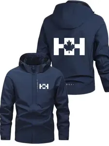 Men's and Women's Fashion Jacket with Air Force Hh Letter Print, Casual Hooded Design, Zipper Pockets, Polyester, Spring & Fall
