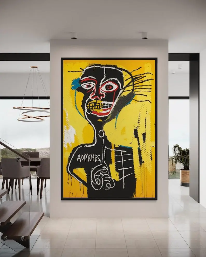 Jean Michel Basquiat Vintage aopkhes, unframe ready to hang, yellow neo expressionism style canvas poster