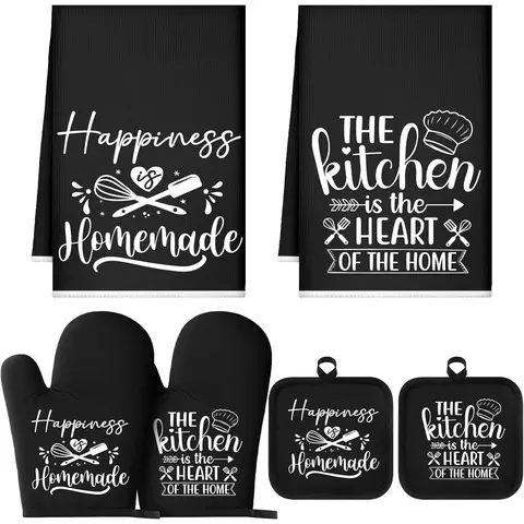 6 count Kitchen Decor Accessories Set Farmhouse Towels Pot Holders Oven Mitts Set 2 Dish Towels 2 Potholders 2 Cooking Mittens Oven Glove for Baking Cooking (Black,Kitchen)