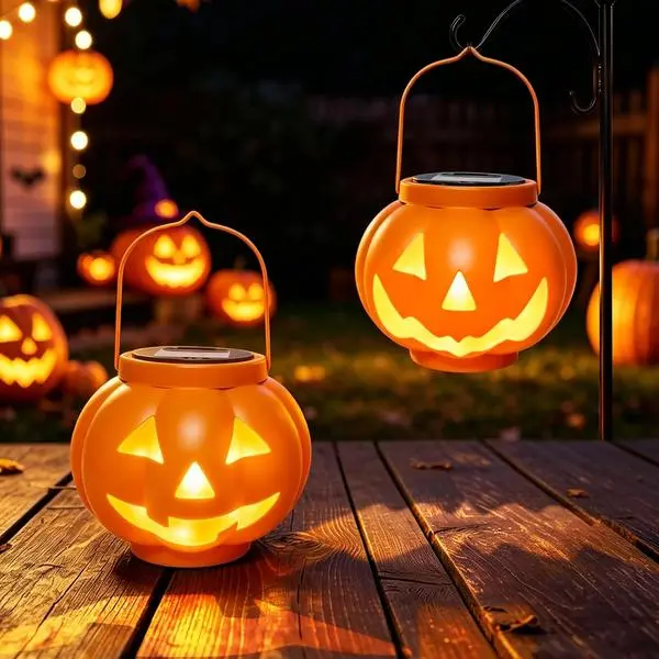 BRIGHTDECK Halloween Pumpkin Solar Lanterns 2 Pack, Jack O Lantern Pumpkin Lights for Halloween Decorations Outdoor, Weatherproof & Portable Fall Yard Decor (2Pack Warm White)