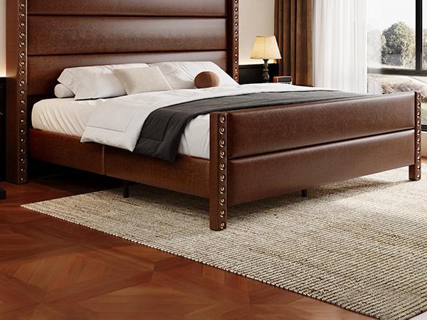 [Summervibes]Modern Brown/Black Leather Bed Frame with USB Charging, Tall Upholstered Headboard, No Noise, Easy Assembly – Bedroom Upgrade Must-Have