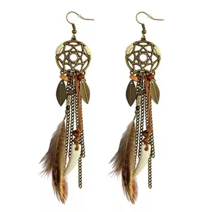Boho Tribal Ethnic Vintage Dream Catcher Feather Leaf Long Tassel Dangling Earrings Women Vacation Jewelry